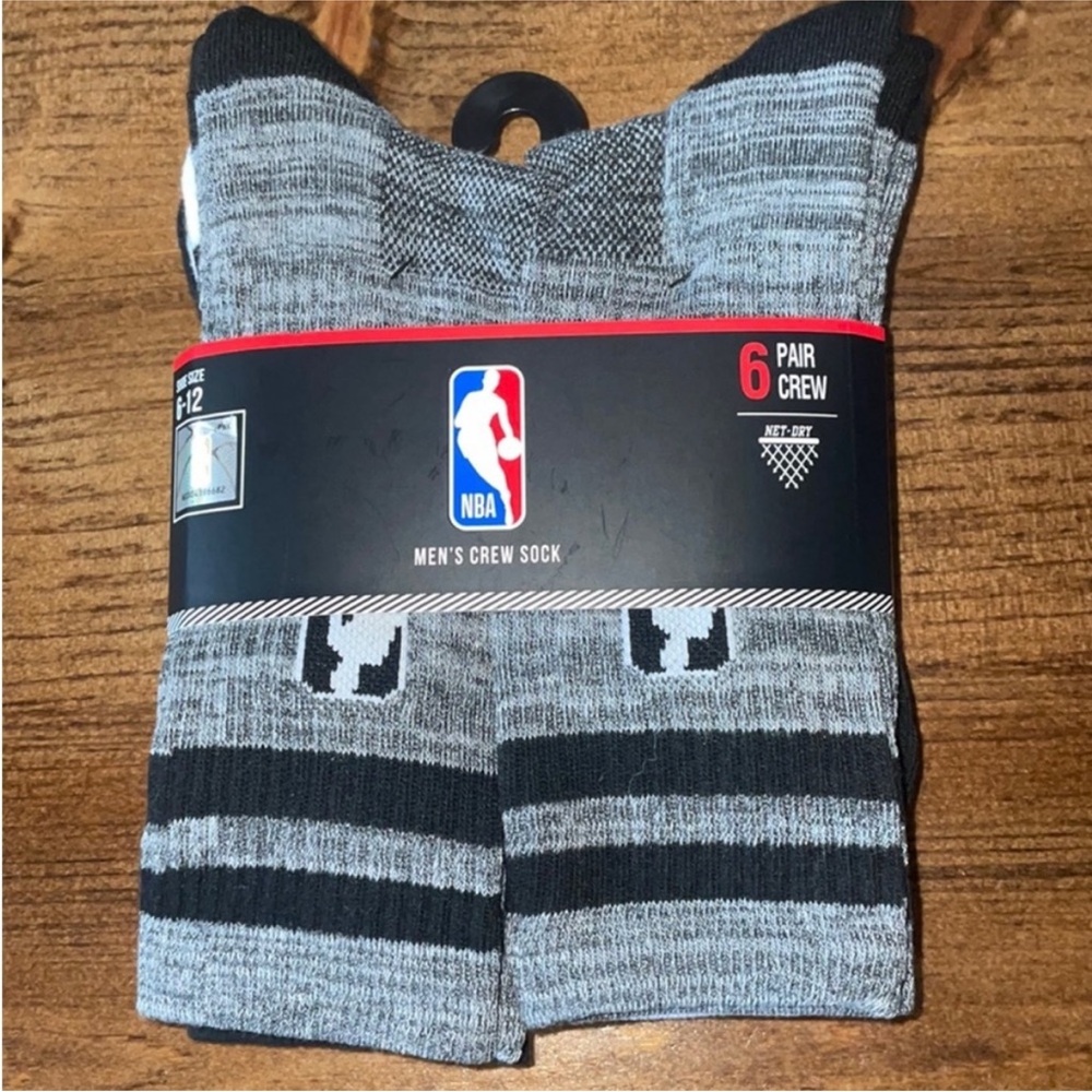 NBA Black Gray Crew Socks 6 Pairs New Fits Shoe Size 6-12 Official License